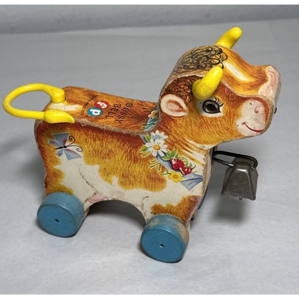 Fisher Price Vintage 1960s Bossy Bell Wooden Cow Pull Toy Tail Spins Cow Bell